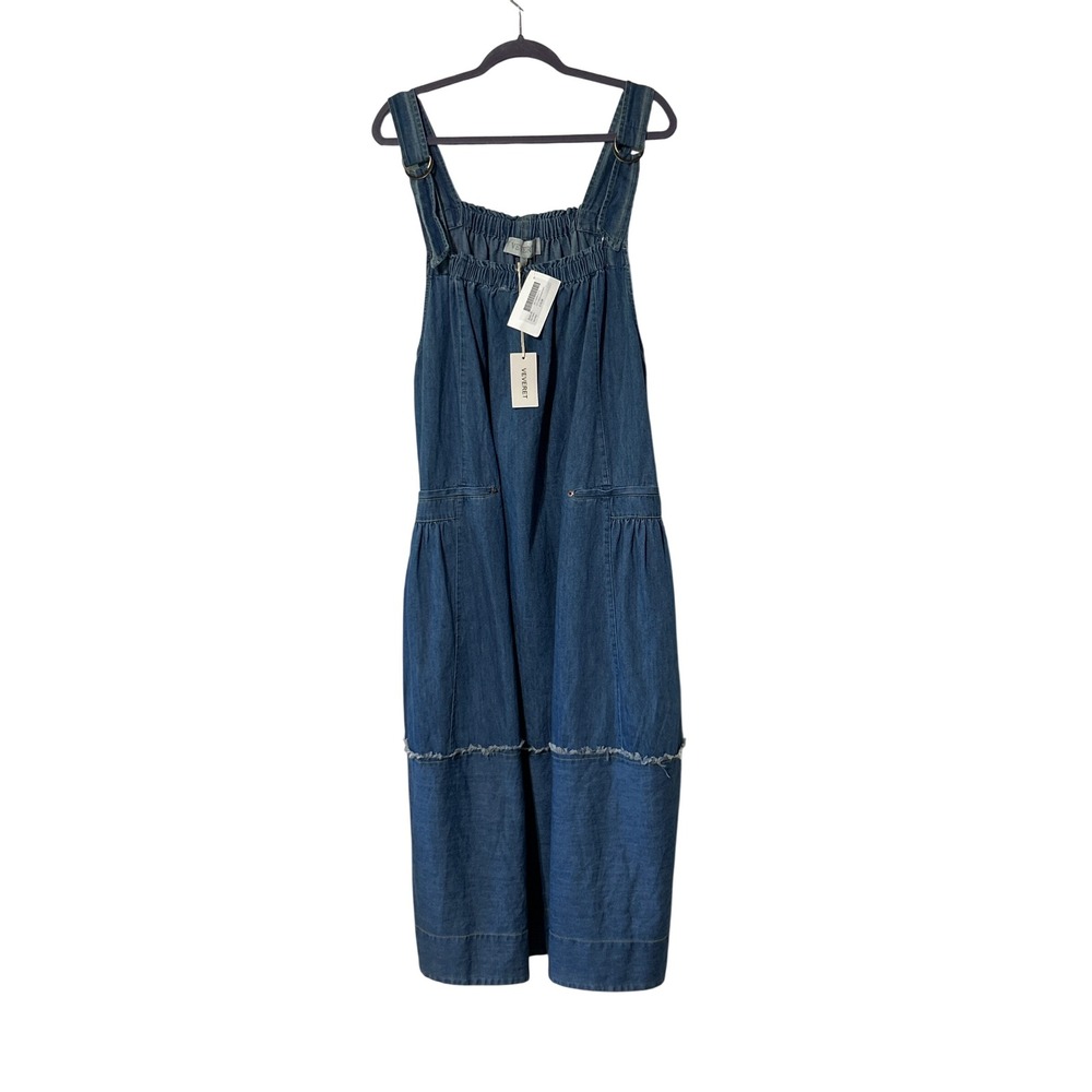 VEVERET Denim Pinafore Midi Dress Medium Blue Smocked Back Overall Dress Size M